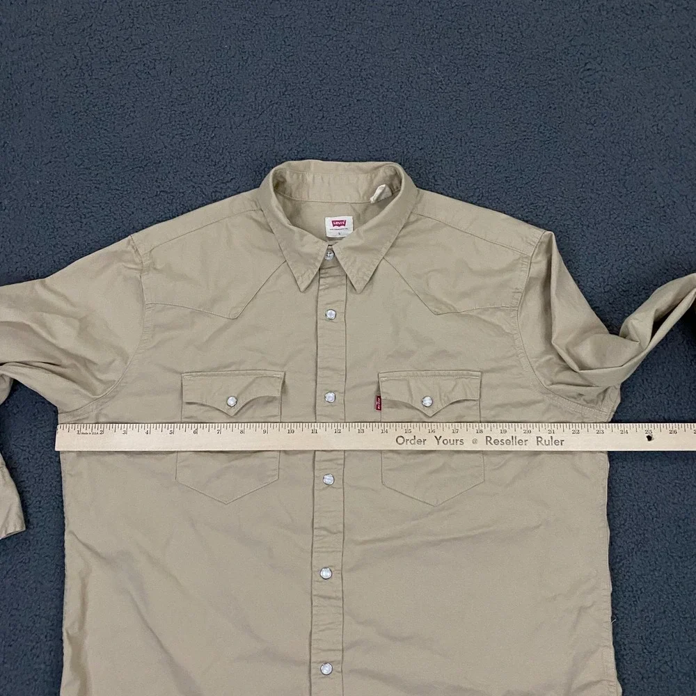 Levis Western Shirt Mens Large Tan Beige Twill Pearl Snap Red Tab Cowboy